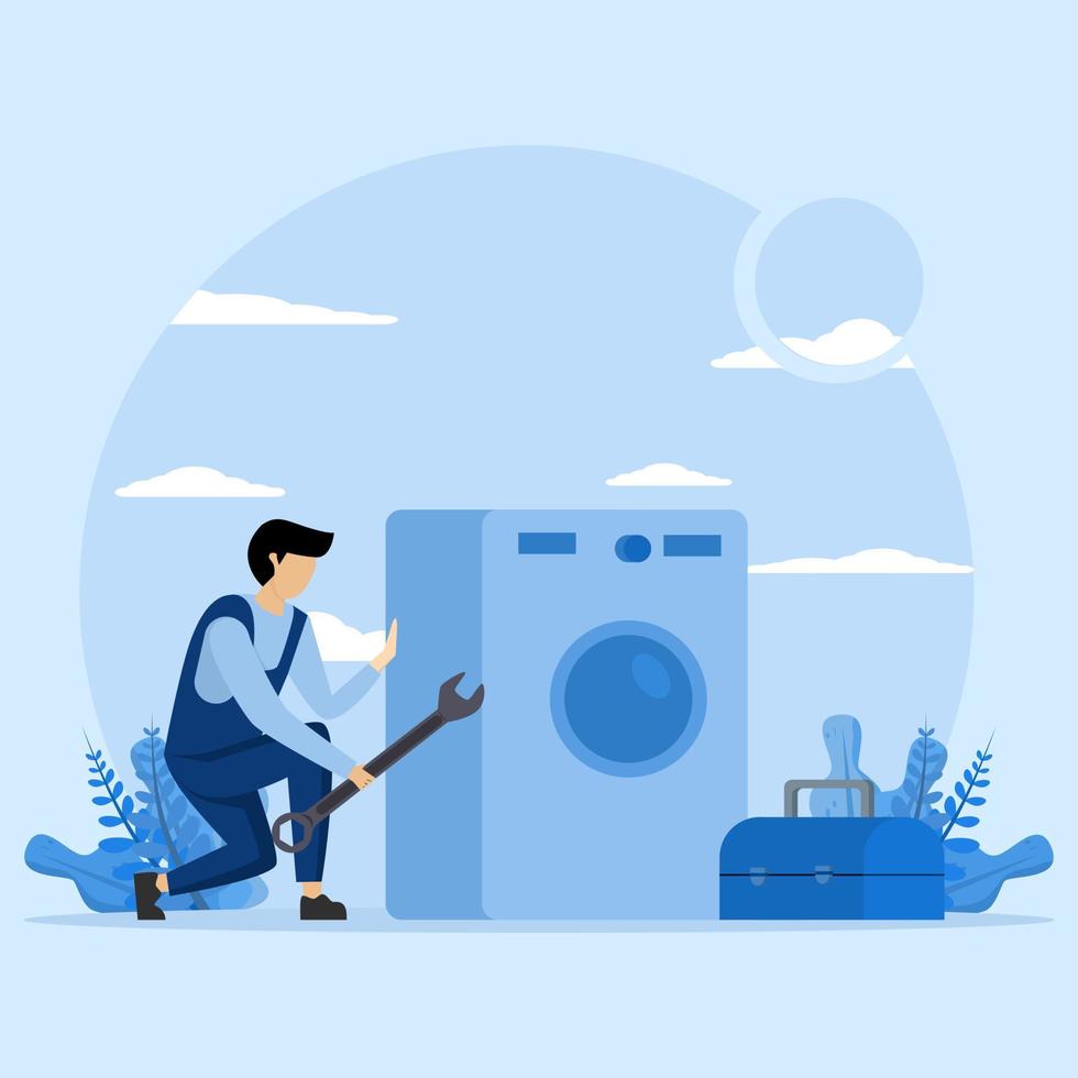 Repair Service Concept. Repairman in uniform repairing electric washing machine with tools. Professional worker with wrench. The host repairs broken household appliances. Electrician, call a plumber. vector