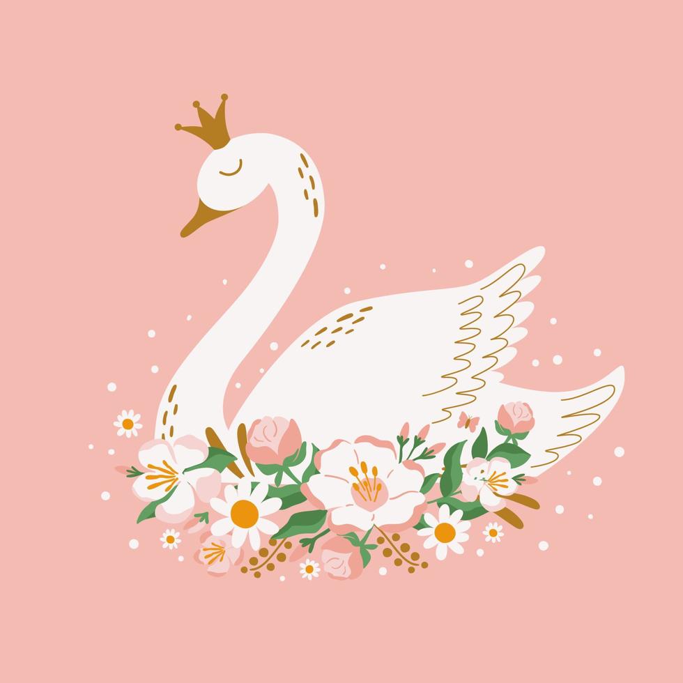 Swan princess bird with flowers on pink background. Cute cartoon hand drawn white bird. Floral swan decorative element isolated vector illustration. Lovely card, invitation, baby shower design.