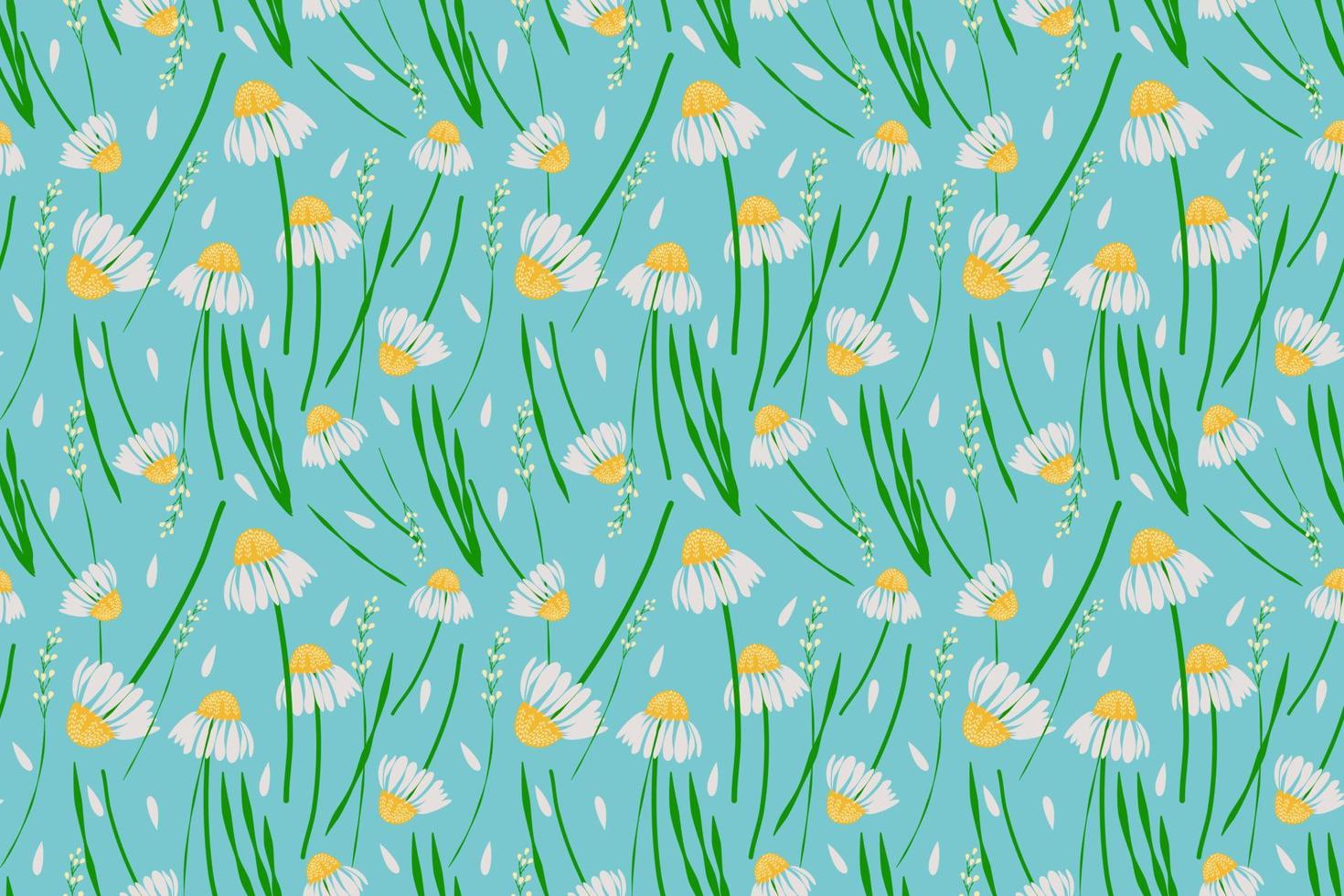 Daisy flower seamless pattern white flower on blue green background with green leaves meadow field design for fashion textile fabric interior wrapping paper etc. vector