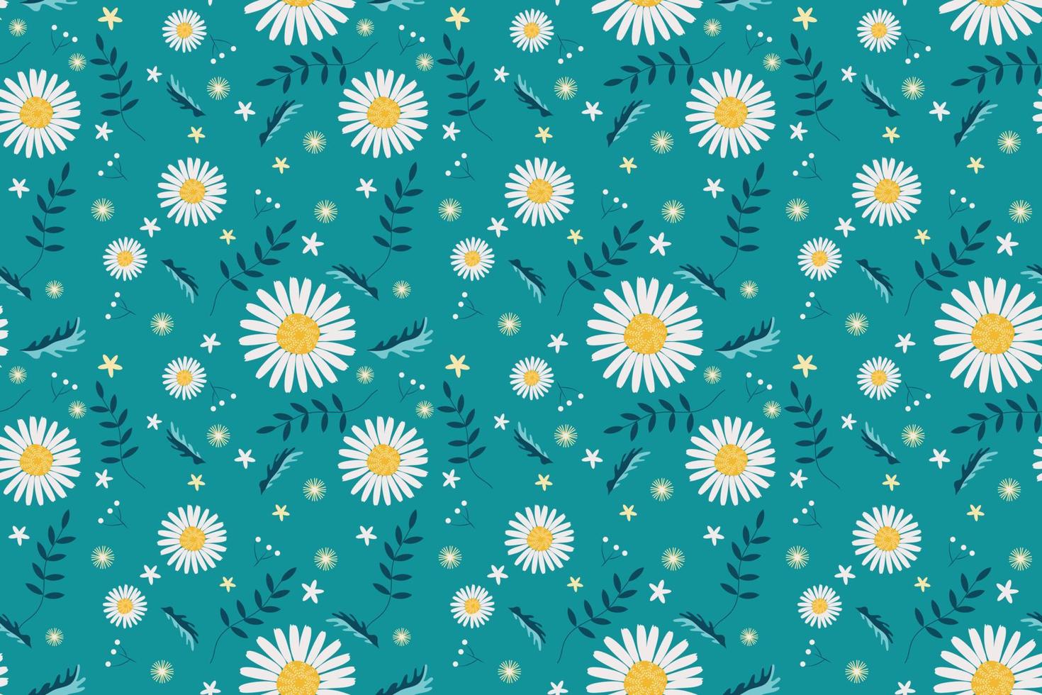 Daisy flower seamless pattern white flower on blue green background with green leaves meadow field design for fashion textile fabric interior wrapping paper etc. vector