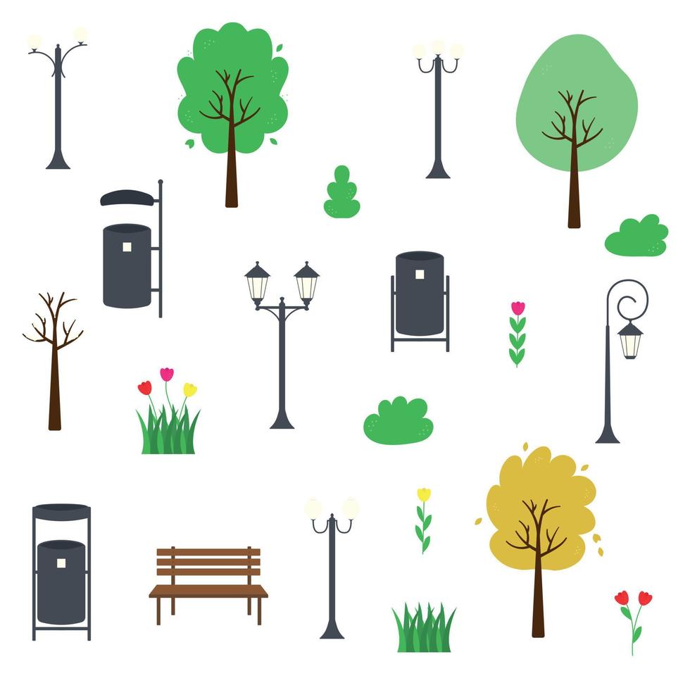 Set of park elements. Tree, wooden bench, bushes, street lamp and litter bin. Urban decor vector illustration