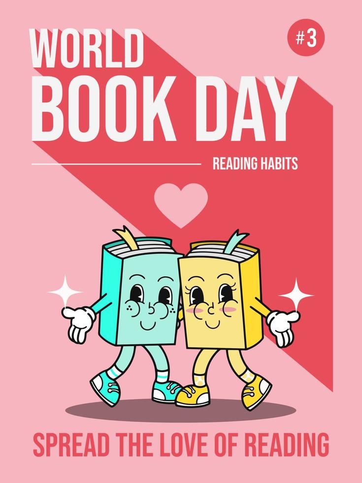 Happy World Book Day, spread the love of reading. 70s cartoon style vector