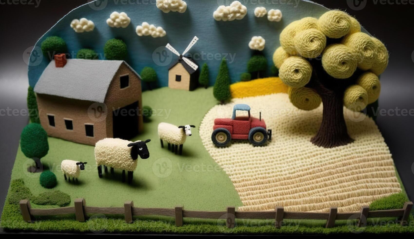 , cute farm landscape made of crochet with trees, river, green grass, farm animals. Dreamy agricultural scene made of wool materials, fabric, yarn, sewing for background photo