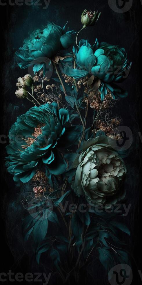 , Close up of blooming flowerbeds of amazing teal flowers on dark moody floral textured background. Vertical format. photo