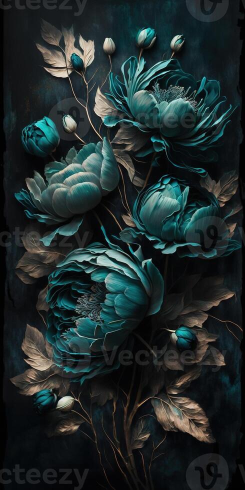 , Close up of blooming flowerbeds of amazing teal flowers on dark moody floral textured background. Vertical format. photo