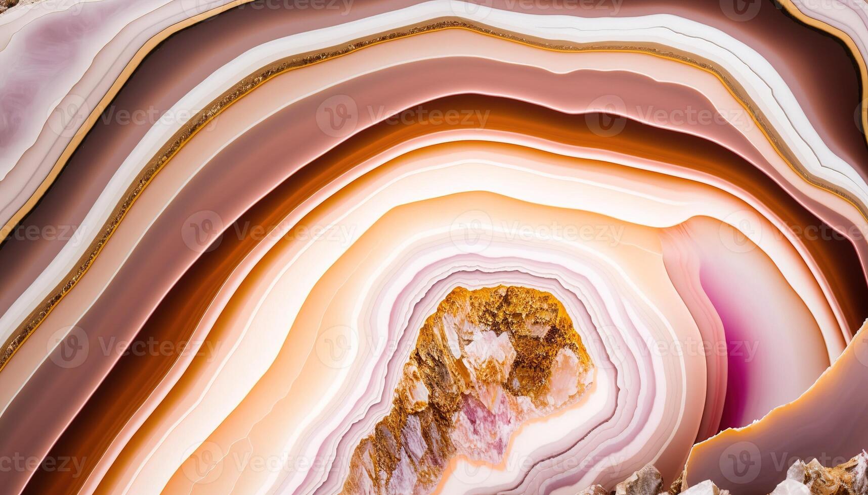 , natural volcanic agate stones close-up light pink magenta and golden texture. Wallpaper background, quartz marble, decorative rock pattern photo