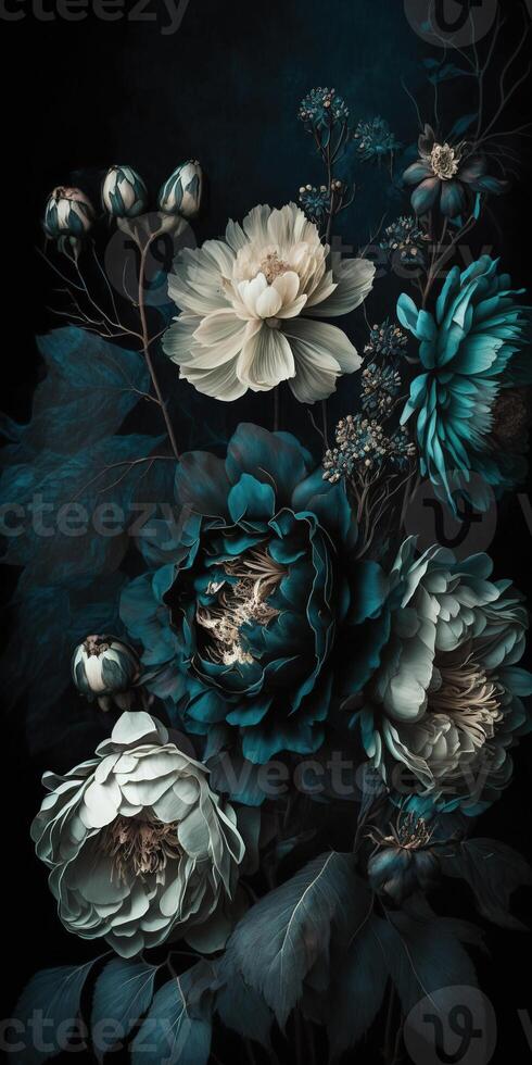 , Close up of blooming flowerbeds of amazing teal flowers on dark moody floral textured background. Vertical format. photo