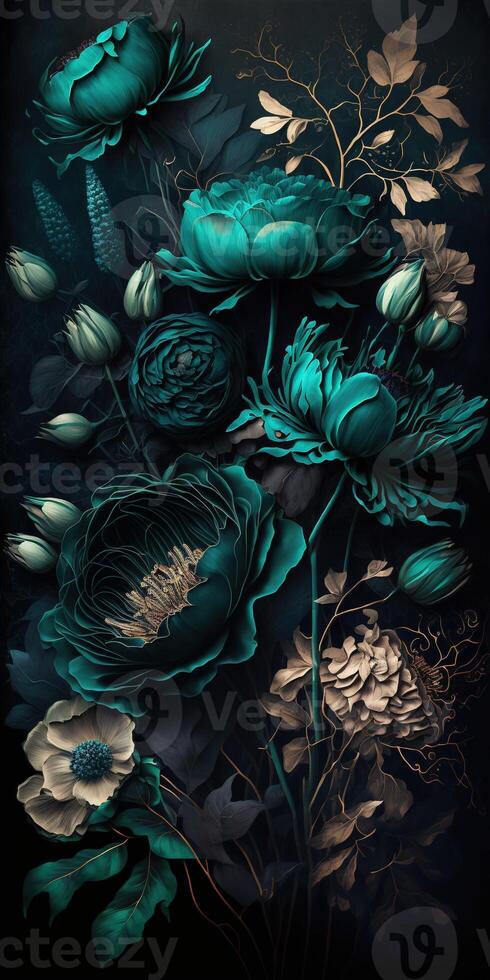 , Close up of blooming flowerbeds of amazing teal flowers on dark moody floral textured background. Vertical format. photo