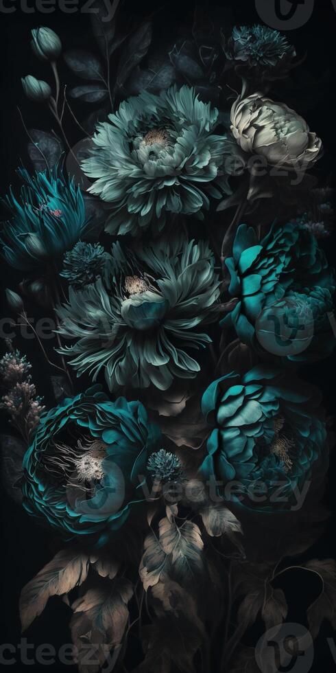 , Close up of blooming flowerbeds of amazing teal flowers on dark moody floral textured background. Vertical format. photo