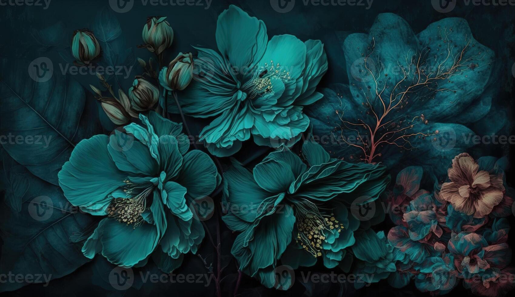 , Close up of blooming flowerbeds of amazing teal flowers on dark moody floral textured background. Photorealistic effect. photo