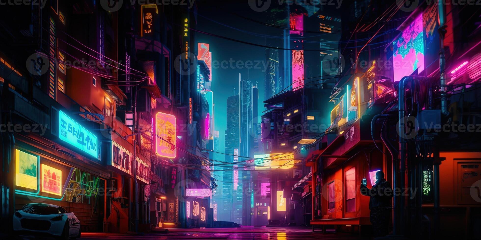 , Night scene of after rain city in cyberpunk style, futuristic nostalgic 80s, 90s. Neon lights vibrant colors, photorealistic horizontal illustration. photo