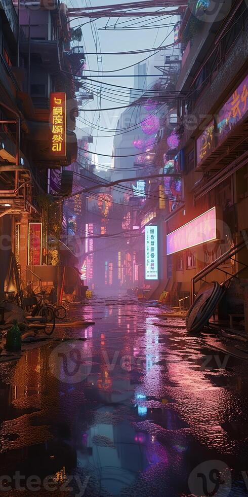 Generative AI, Night scene of after rain city in cyberpunk style,  futuristic nostalgic 80s, 90s. Neon lights vibrant colors, photorealistic  vertical illustration. 28891087 Stock Photo at Vecteezy