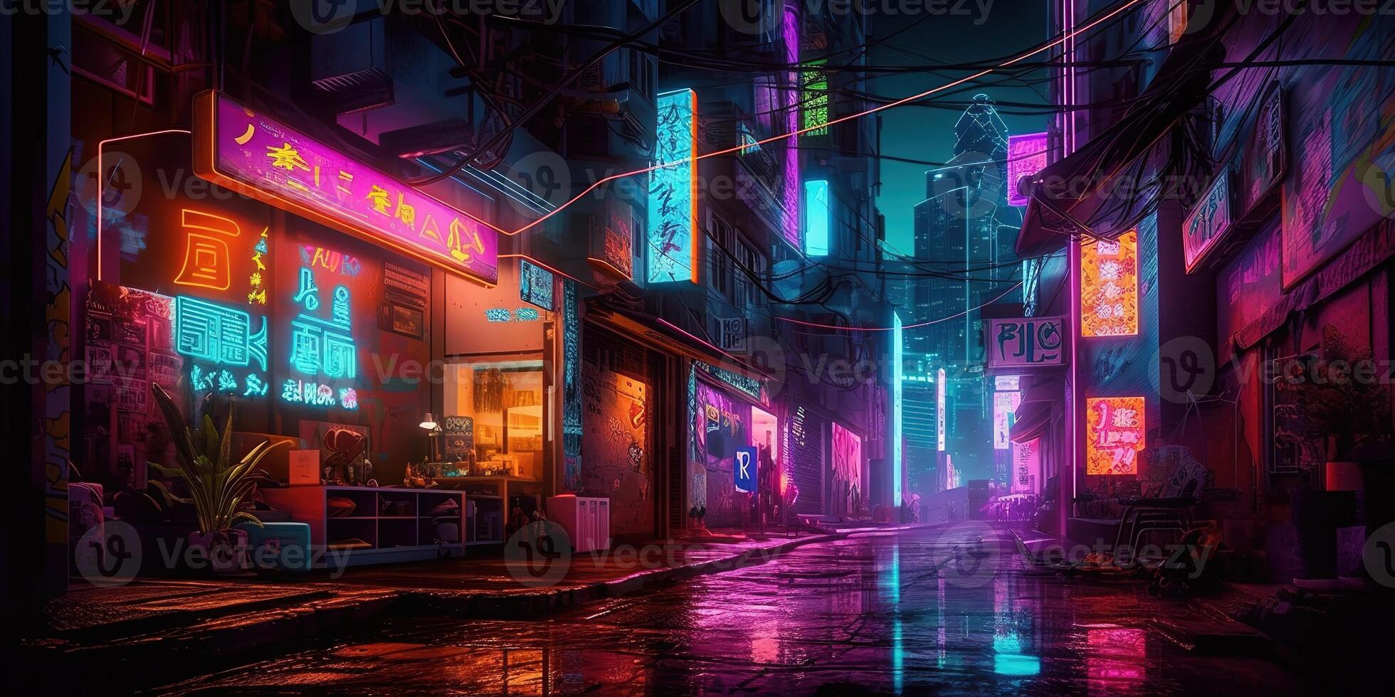 , Night scene of after rain city in cyberpunk style, futuristic nostalgic 80s, 90s. Neon lights vibrant colors, photorealistic horizontal illustration. photo