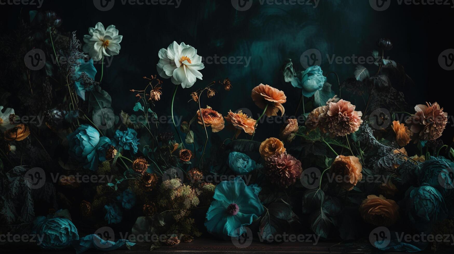 , Close up of blooming flowerbeds of amazing teal flowers on dark moody floral textured background. Photorealistic effect. photo