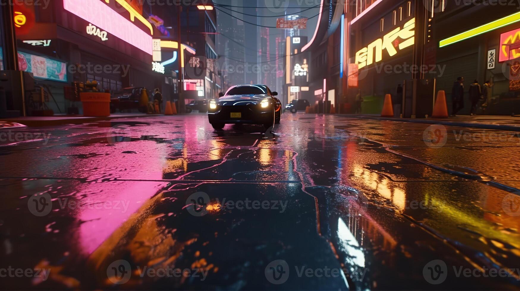 , Night scene of after rain city in cyberpunk style, futuristic nostalgic 80s, 90s. Neon lights vibrant colors, photorealistic horizontal illustration. photo