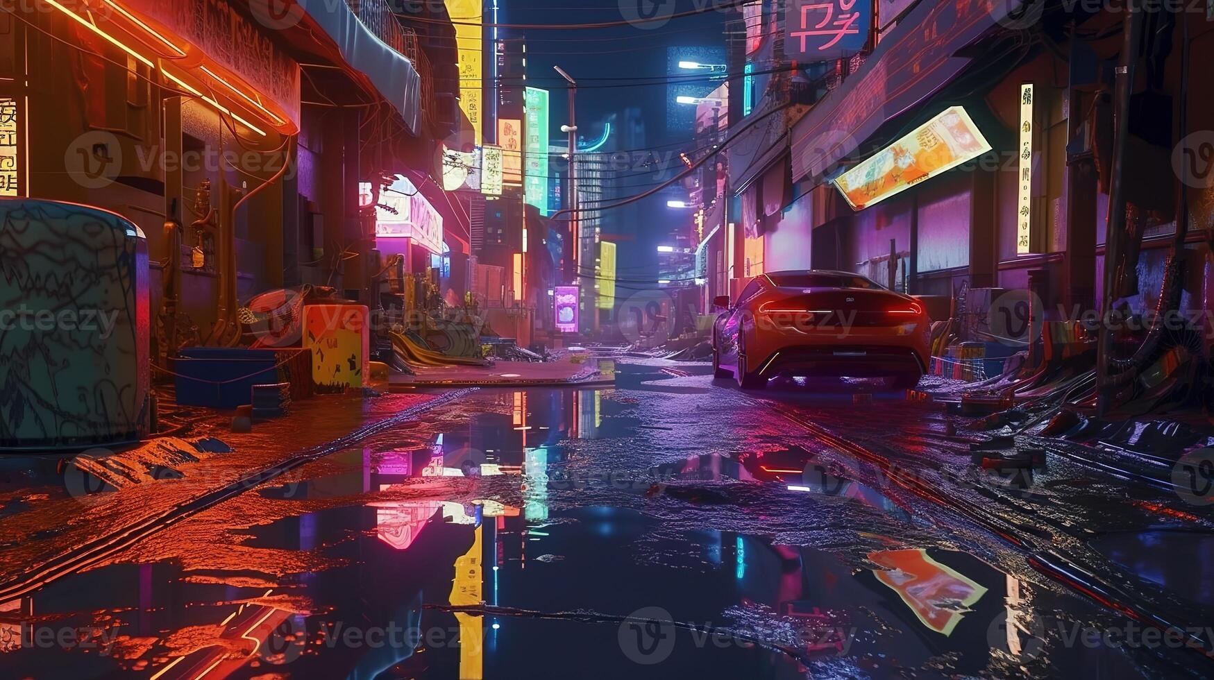 , Night scene of after rain city in cyberpunk style, futuristic nostalgic 80s, 90s. Neon lights vibrant colors, photorealistic horizontal illustration. photo