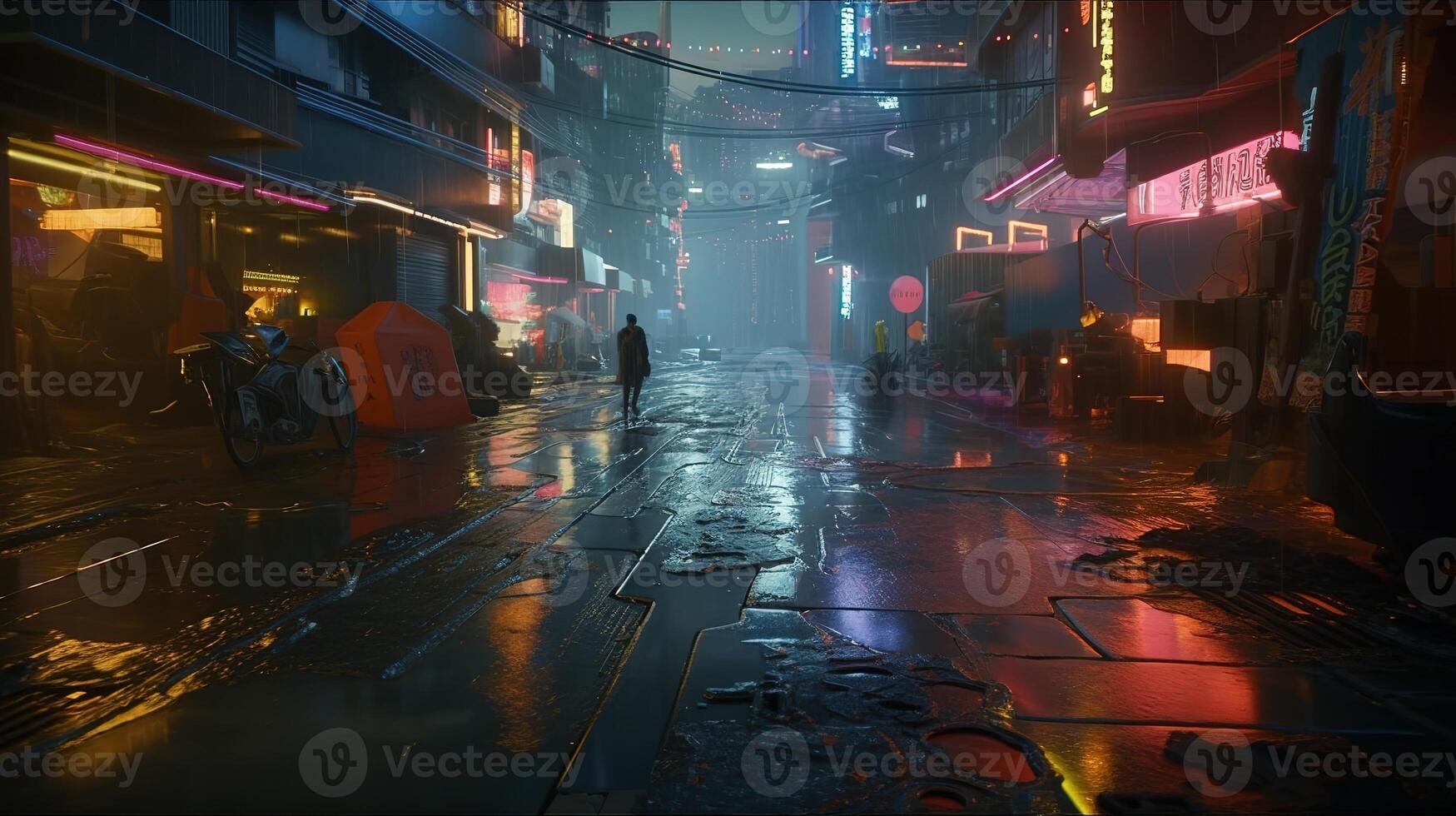 , Night scene of after rain city in cyberpunk style, futuristic nostalgic 80s, 90s. Neon lights vibrant colors, photorealistic horizontal illustration. photo