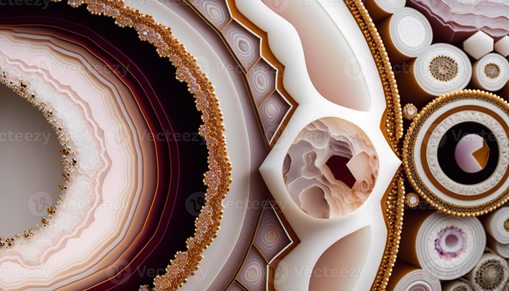 , natural volcanic agate stones close-up light pink magenta and golden texture. Wallpaper background, quartz marble, decorative rock pattern photo