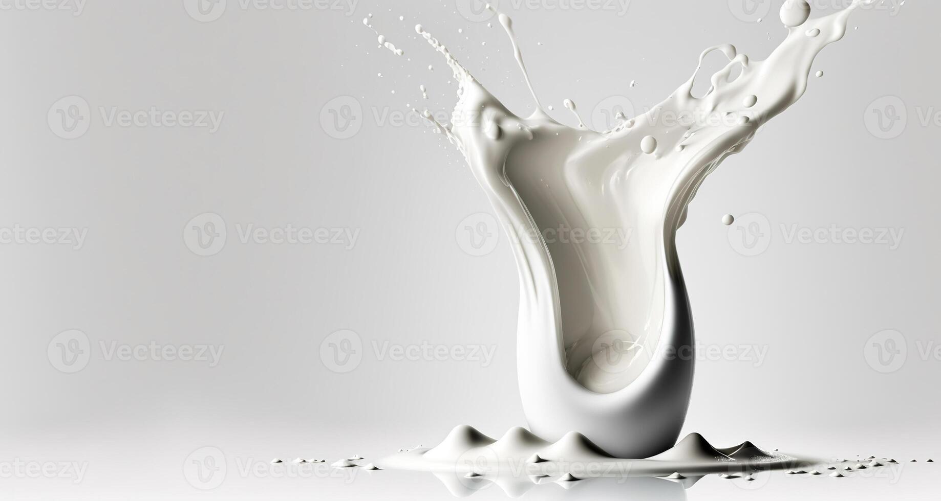 , Flowing liquid with splashes in white color. Glossy cream milk fluid banner, 3D effect, modern macro photorealistic abstract background illustration. photo