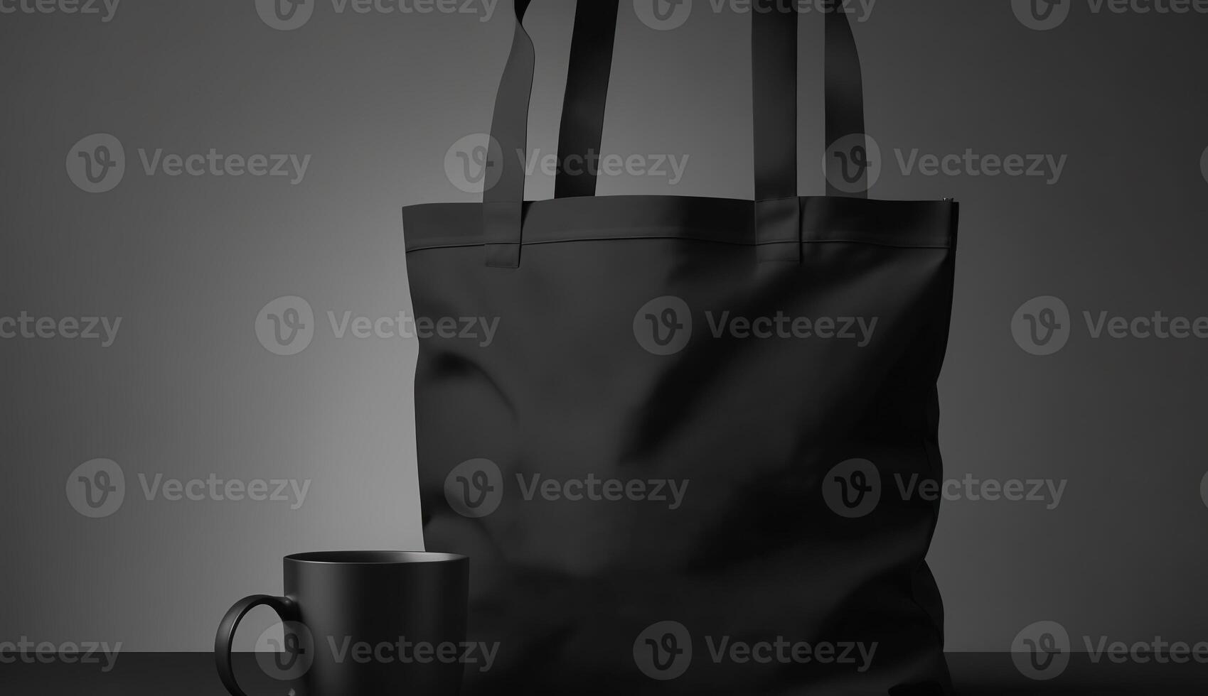 , Realistic black tote canvas fabric bag set-up in at home interior, mug mock up blank. photo