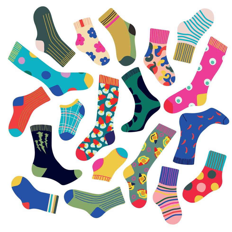 Set of trendy colorful socks. Modern socks in different colors, top down view. Socks for men, women, children. Cartoon design for web and print. vector