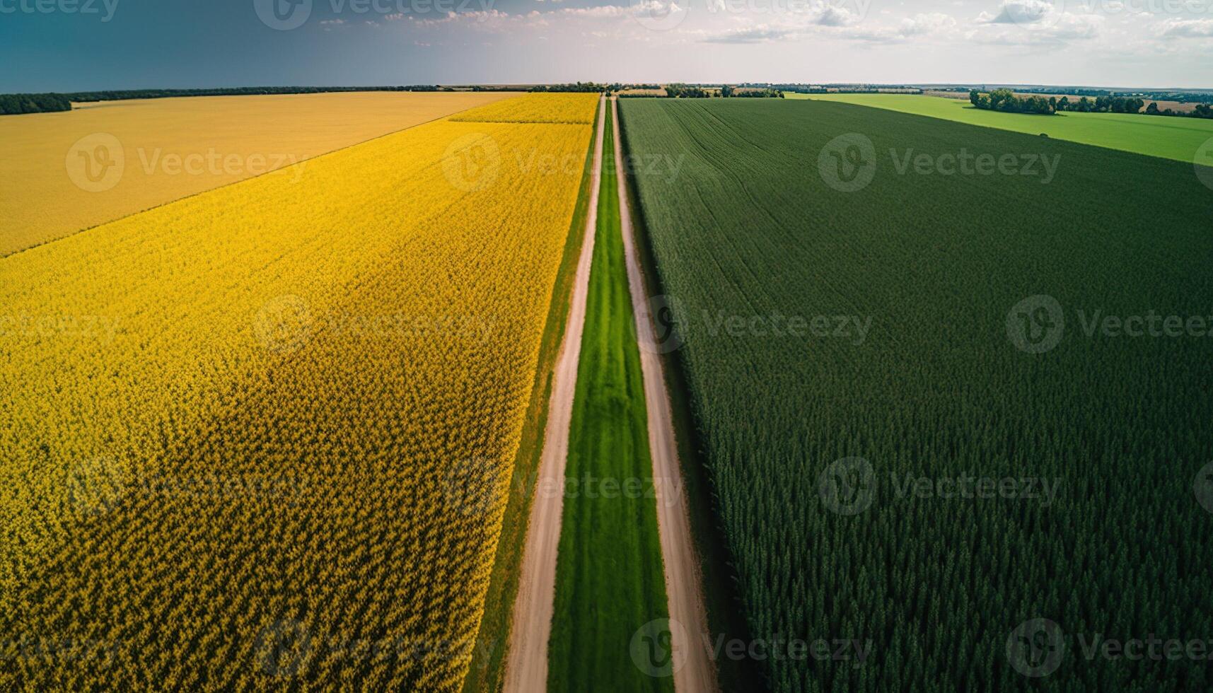 , Farm landscape, agricultural fields, beautiful countryside, country road. Nature Illustration, photorealistic top view drone, horizontal banner. photo