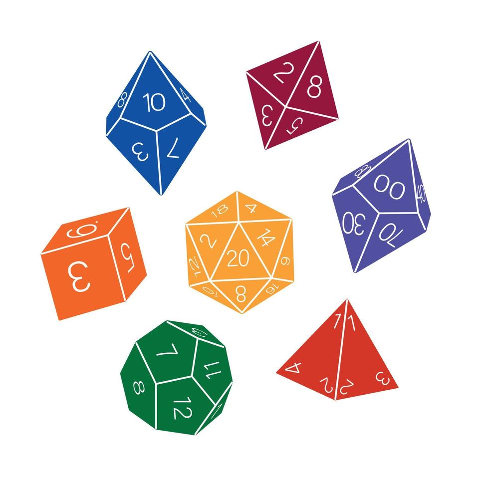 Colored collection of dice on a white background, hand drawn. D8 D10 D12 D20 Board game dice, RPG dice set for board games vector