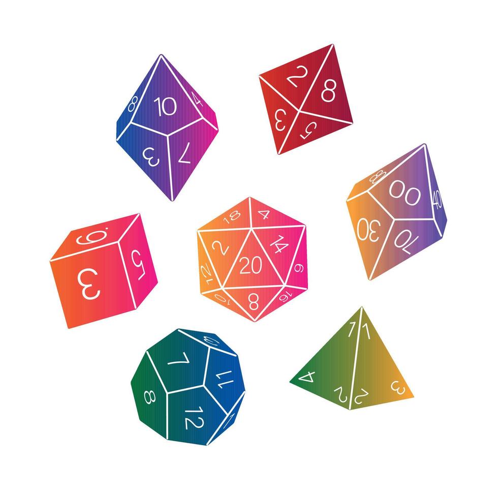 Colored collection of dice on a white background, hand drawn. D8 D10 D12 D20 Board game dice, RPG dice set for board games vector