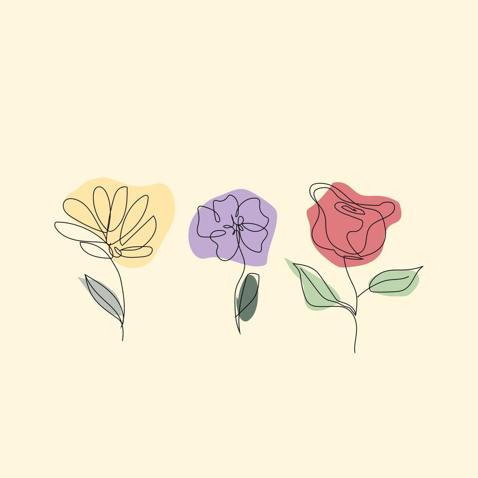 vector ilustración. mano dibujado continuo línea dibujo de resumen flor, floral, rosa, tropical hojas, primavera y otoño hoja, ramo de flores de aceitunas