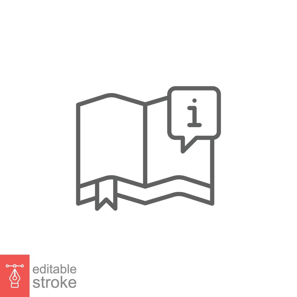 Book with information mark icon. Encyclopedia, catalogue, info and faq concept. Simple outline style. Thin line symbol. Vector illustration isolated on white background. Editable stroke EPS 10.