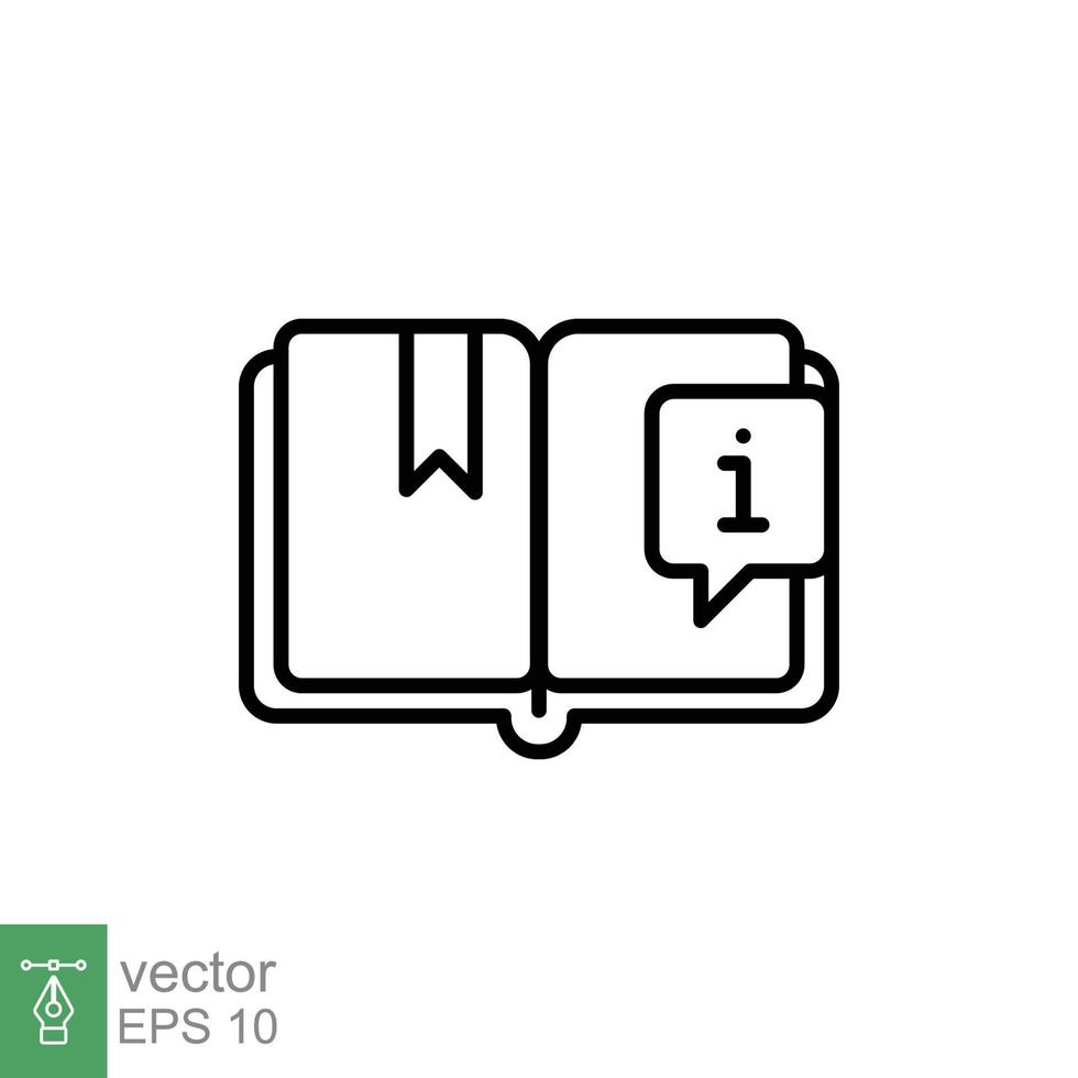 Book with information mark icon. Encyclopedia, catalogue, info and faq concept. Simple outline style. Thin line symbol. Vector illustration isolated on white background. EPS 10.