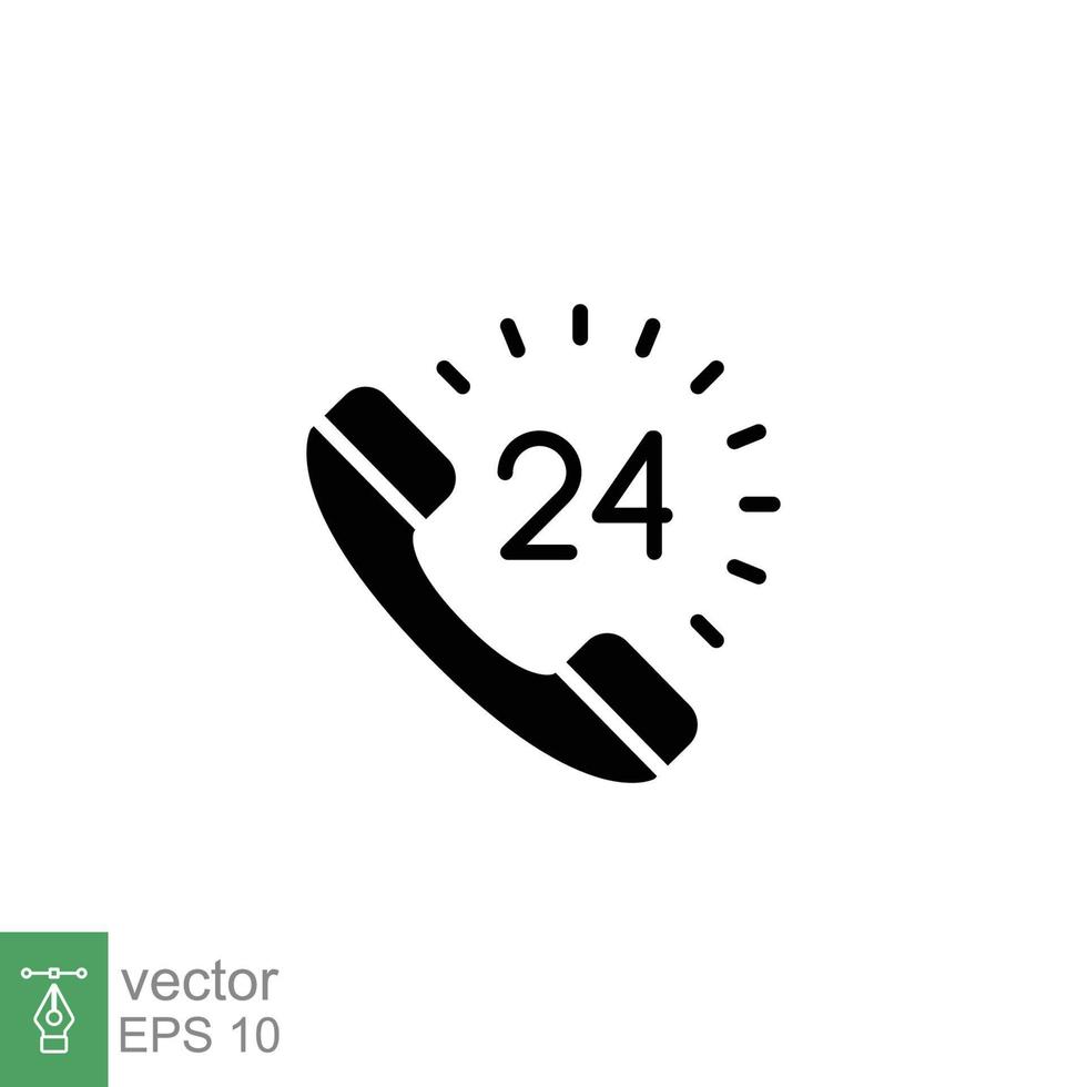 Call center 24 hours with phone icon. Full time service, technical support concept. Simple solid style. Black silhouette, glyph symbol. Vector illustration isolated on white background. EPS 10.