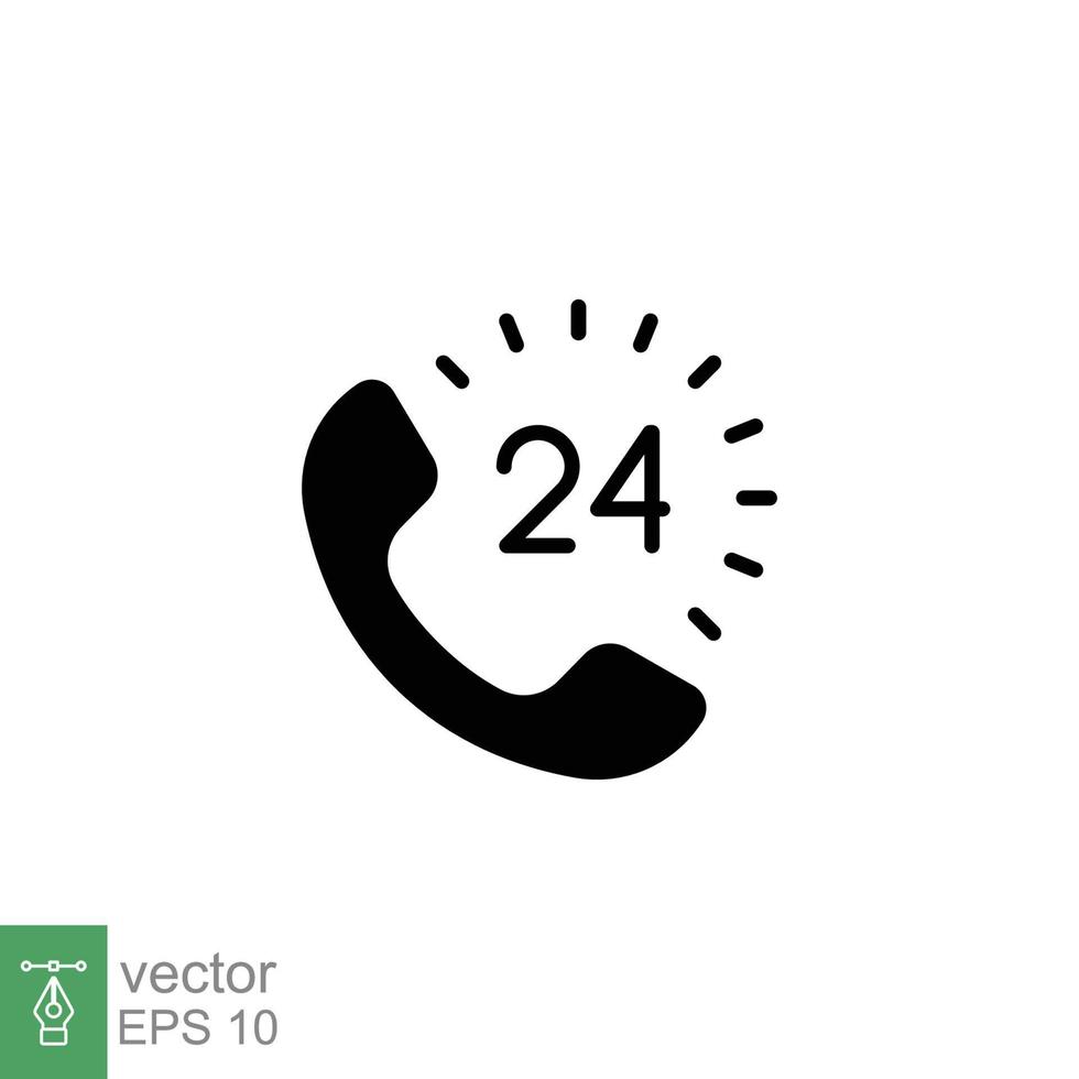 Call center 24 hours with phone icon. Full time service, technical support concept. Simple solid style. Black silhouette, glyph symbol. Vector illustration isolated on white background. EPS 10.