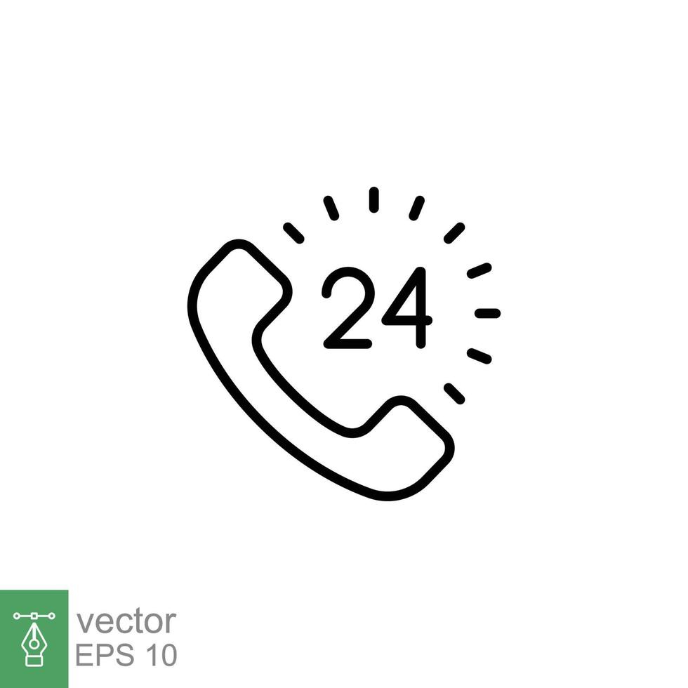 Call center 24 hours with phone icon. Full time service, technical support concept. Simple outline style. Thin line symbol. Vector illustration isolated on white background. EPS 10.