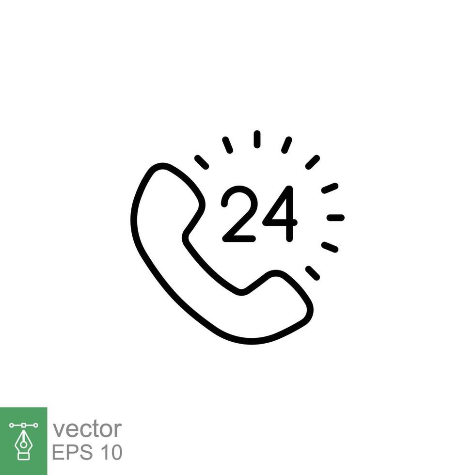 Call center 24 hours with phone icon. Full time service, technical support concept. Simple outline style. Thin line symbol. Vector illustration isolated on white background. EPS 10.