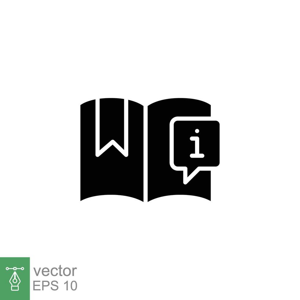 Book with information mark icon. Encyclopedia, catalogue, info and faq concept. Simple solid style. Black silhouette, glyph symbol. Vector illustration isolated on white background. EPS 10.