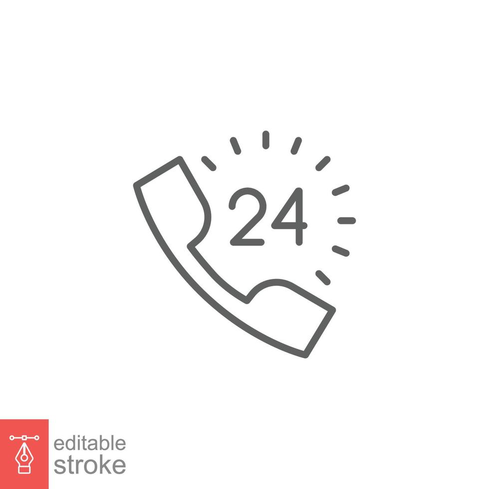 Call center 24 hours with phone icon. Full time service, technical support concept. Simple outline style. Thin line symbol. Vector illustration isolated on white background. Editable stroke EPS 10.