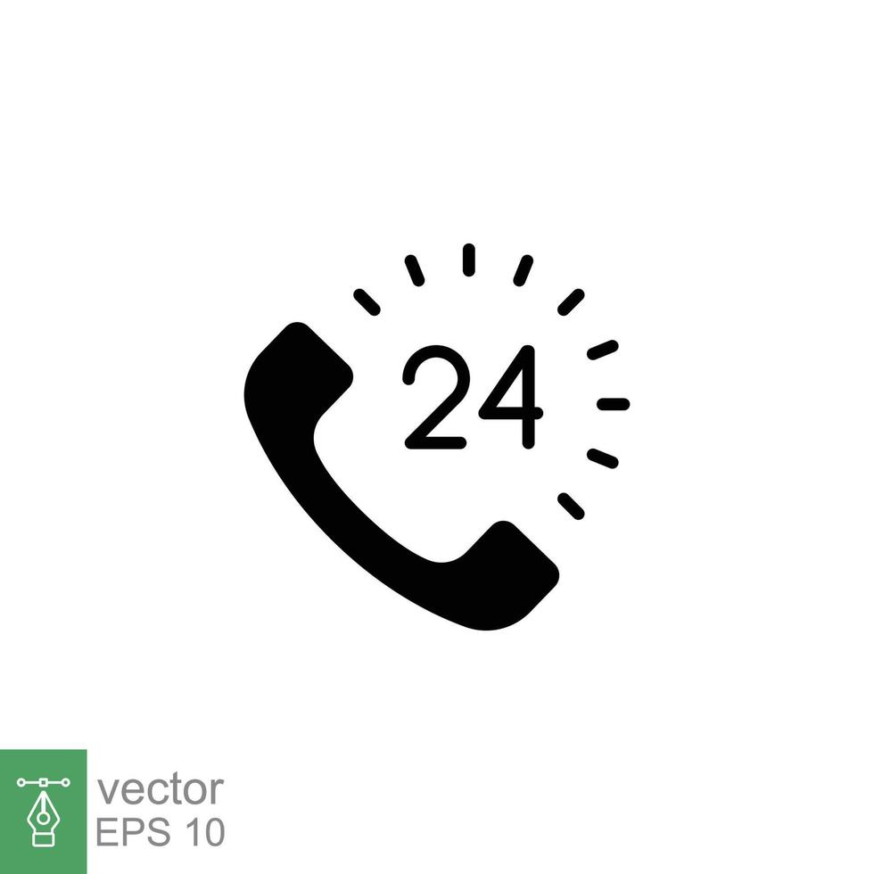 Call center 24 hours with phone icon. Full time service, technical support concept. Simple solid style. Black silhouette, glyph symbol. Vector illustration isolated on white background. EPS 10.