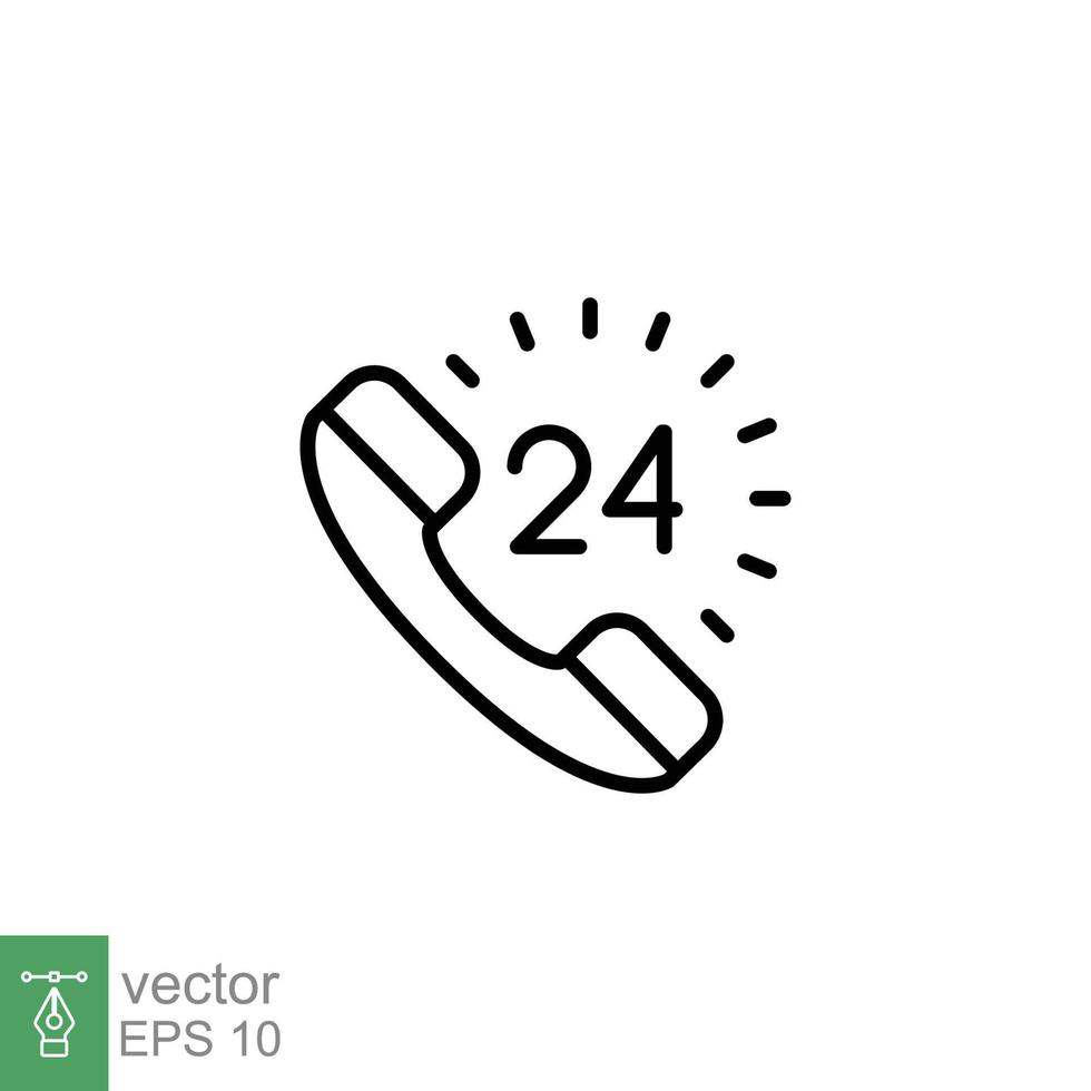 Call center 24 hours with phone icon. Full time service, technical support concept. Simple outline style. Thin line symbol. Vector illustration isolated on white background. EPS 10.