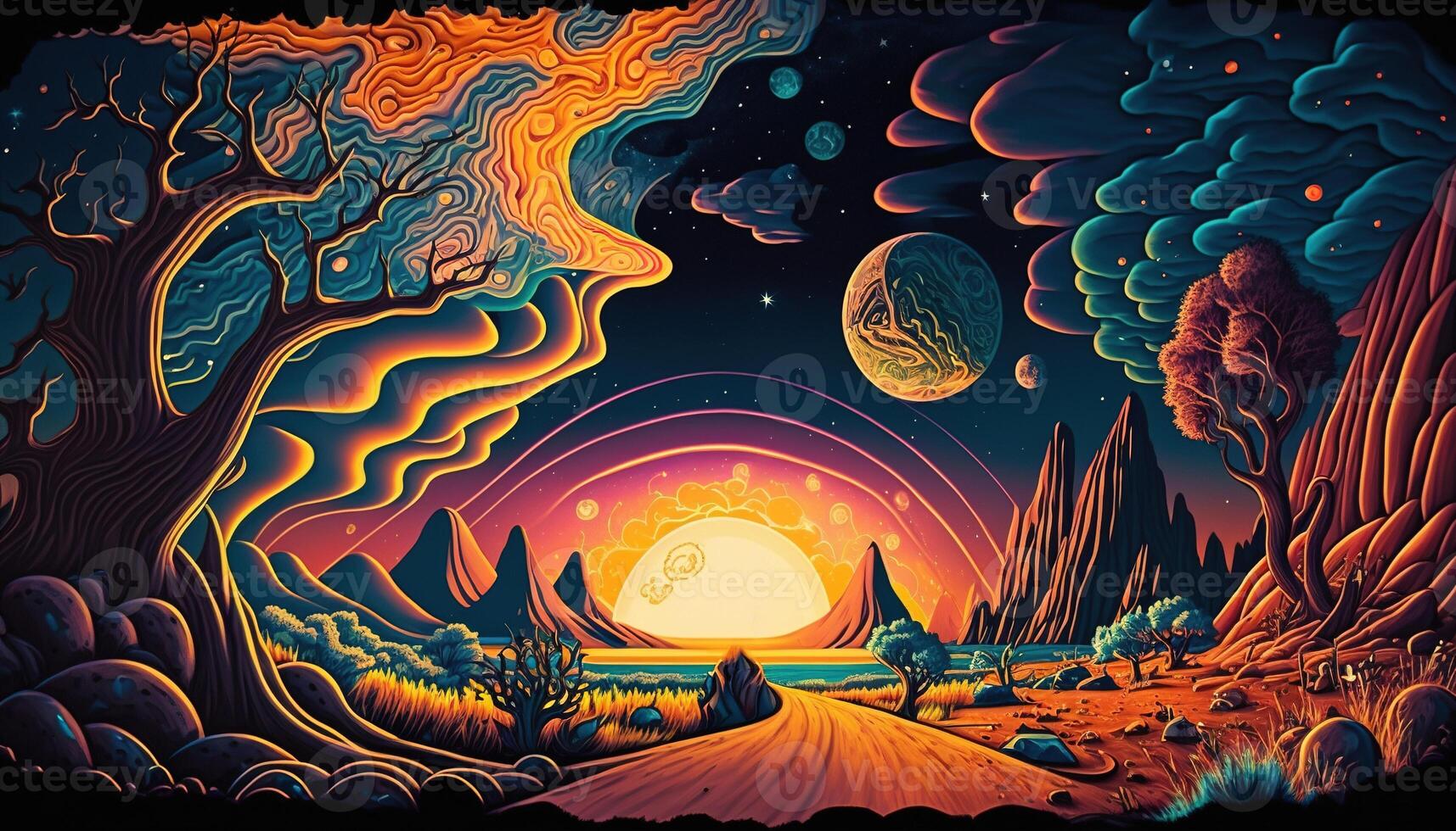 , Alien planet landscape. Psychedelic Space banner template, background. Horizontal illustration of the future with mountains, planets, trees, moon. Surrealist escapism. photo