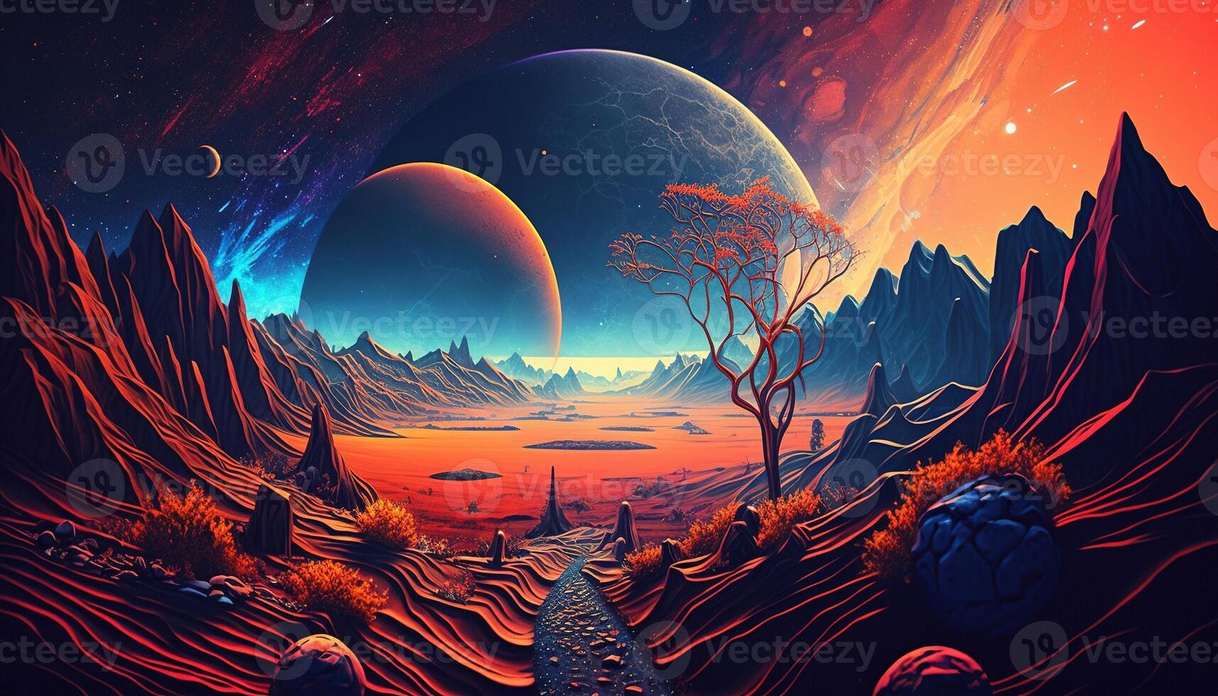 , Alien planet landscape. Psychedelic Space banner template, background. Horizontal illustration of the future with mountains, planets, trees, moon. Surrealist escapism. photo