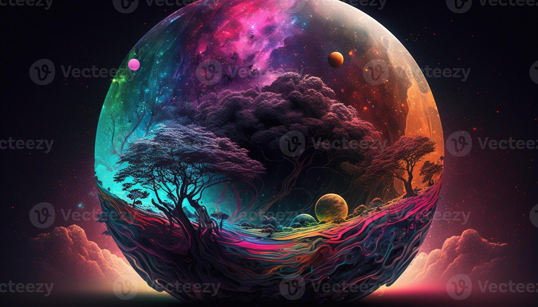 , Alien planet landscape. Psychedelic Space banner template, background. Horizontal illustration of the future with mountains, planets, trees, moon. Surrealist escapism. photo