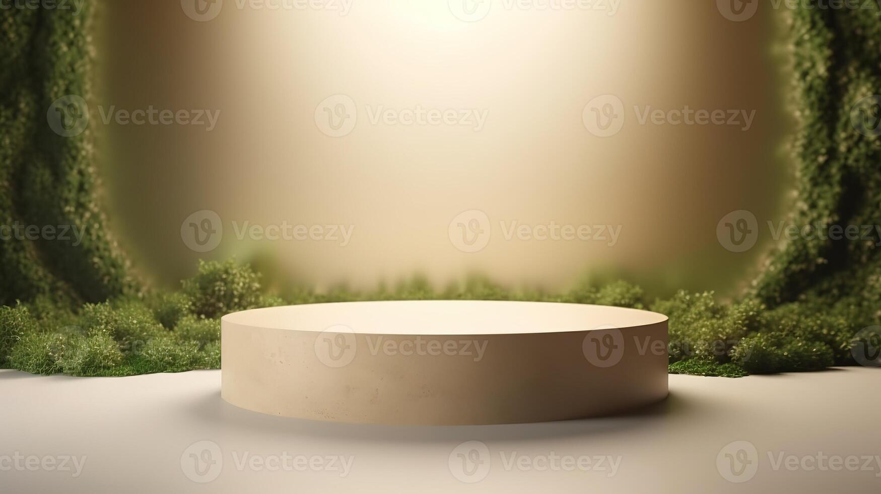 , product beige minimal scene with geometric podium platform and moss plants, mock up stand for cosmetic products. photo