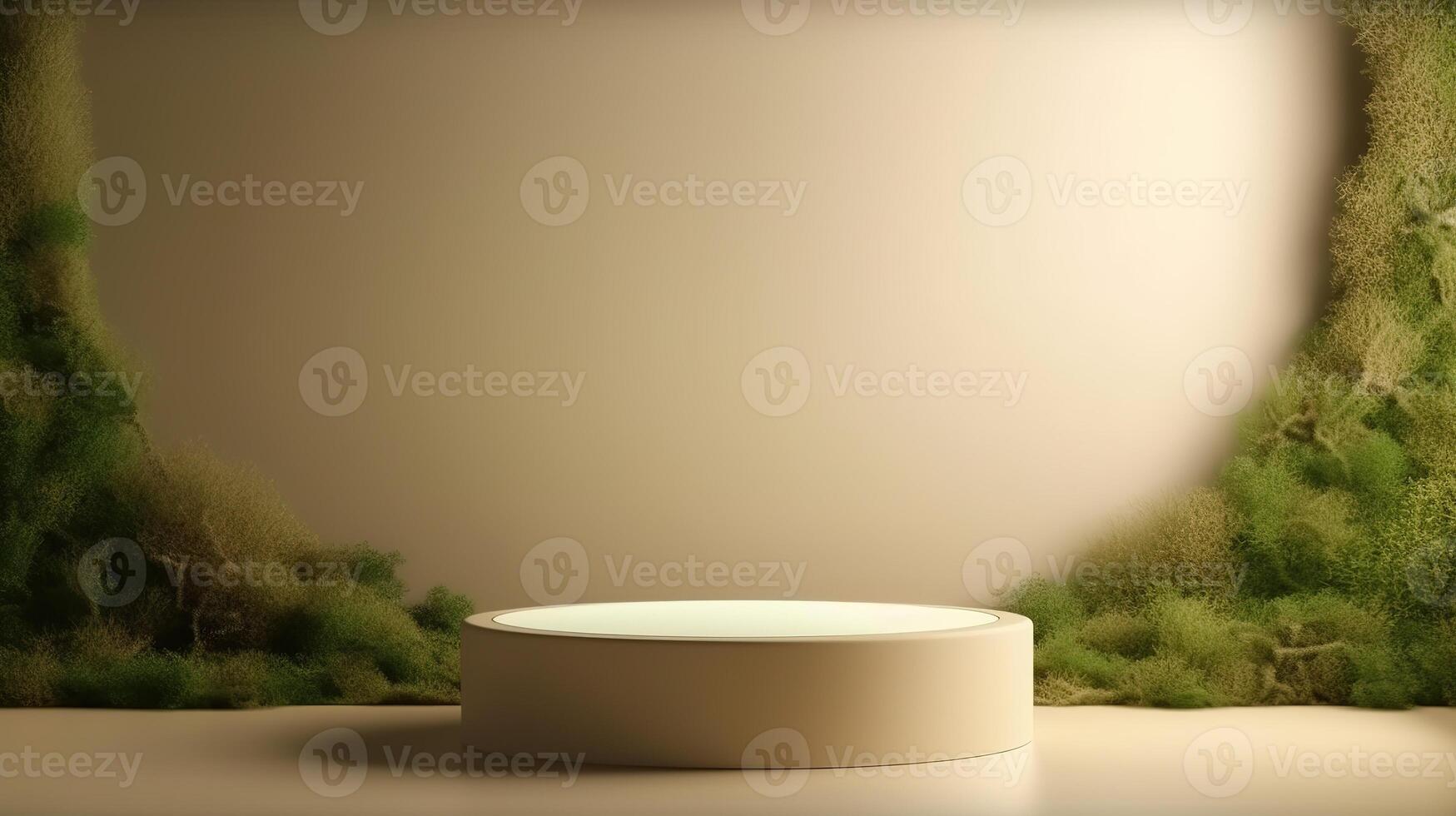 , product beige minimal scene with geometric podium platform and moss plants, mock up stand for cosmetic products. photo