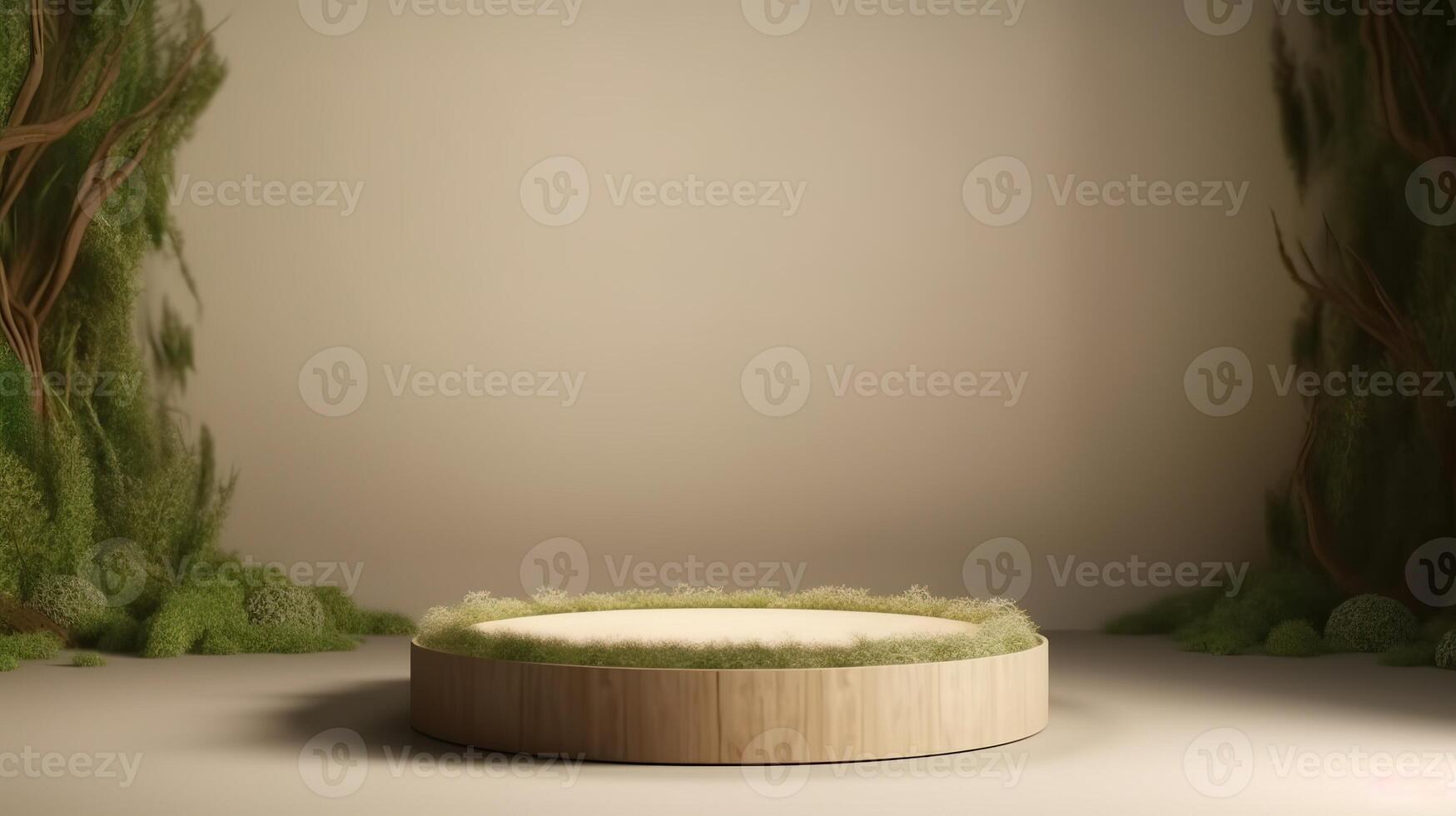 , product beige minimal scene with geometric podium platform and moss plants, mock up stand for cosmetic products. photo