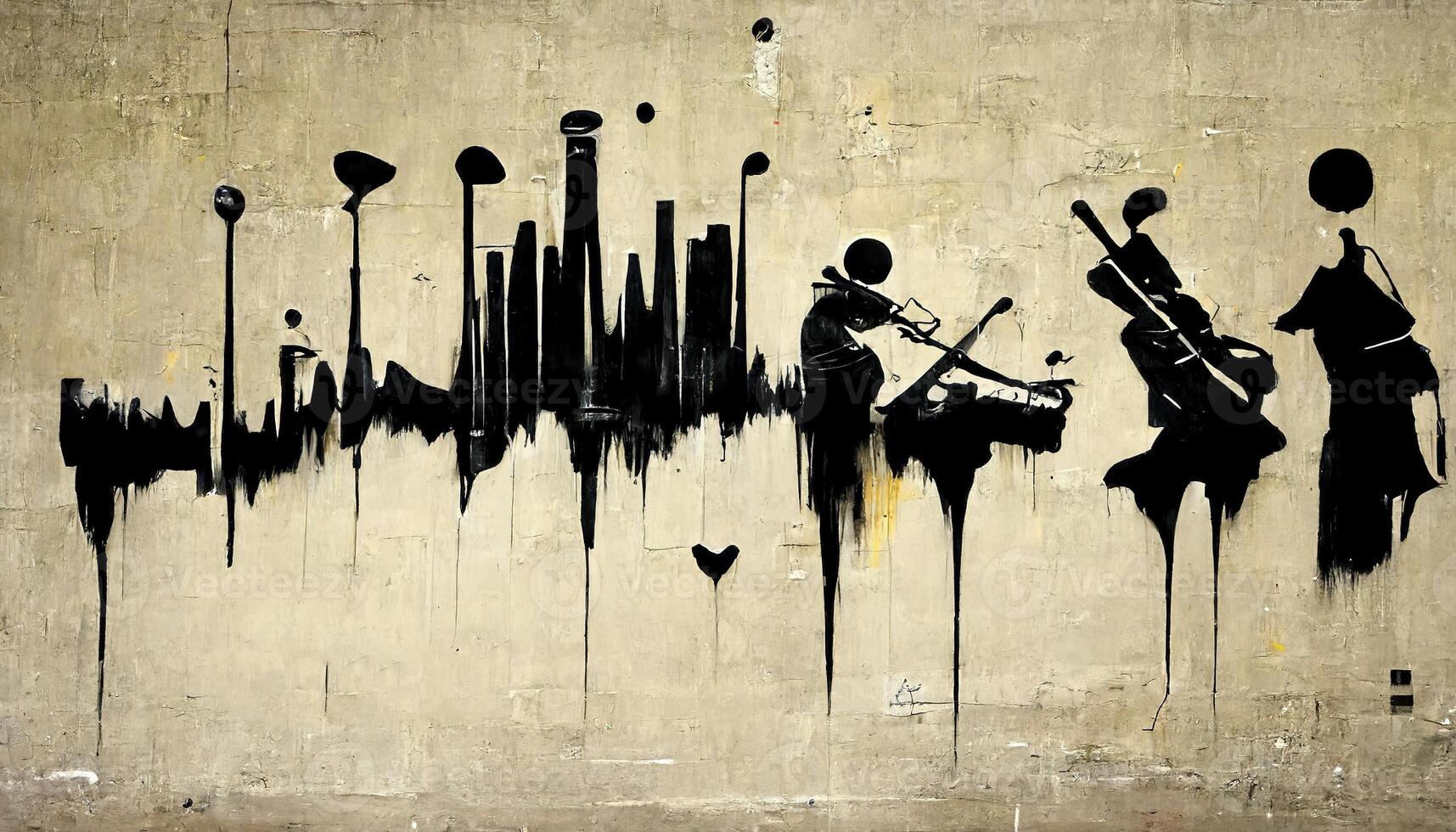 , Street art with keys and musical instruments silhouettes. Ink graffiti art on a textured paper vintage background, inspired by Banksy photo