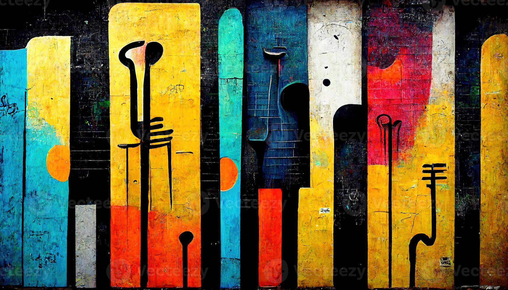 , Street art with keys and musical instruments silhouettes. Ink colorful graffiti art on a textured paper vintage background, inspired by Banksy photo