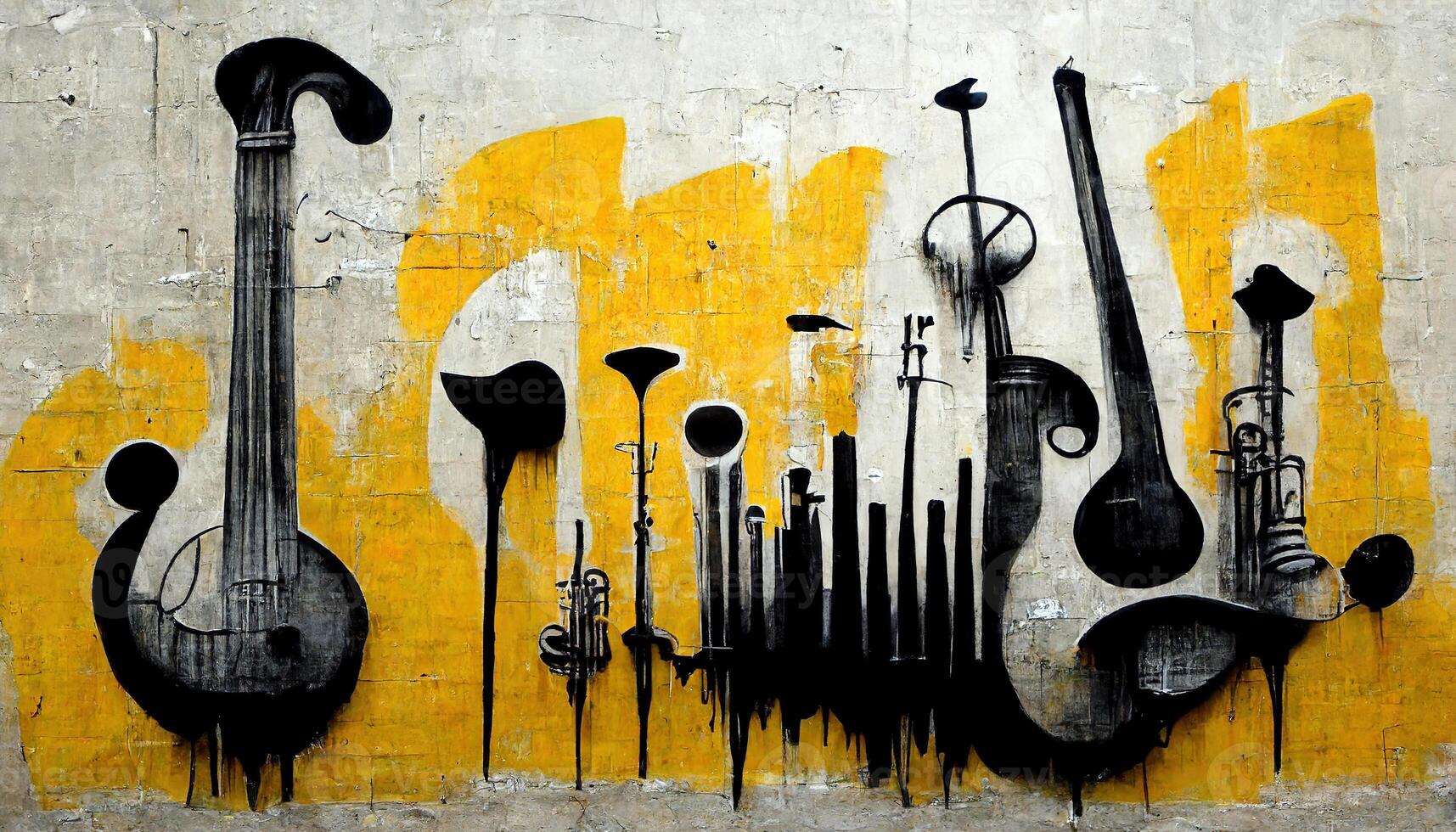 generativo ai, calle Arte con llaves y musical instrumentos siluetas tinta pintada Arte en un texturizado papel Clásico fondo, inspirado por bancos foto