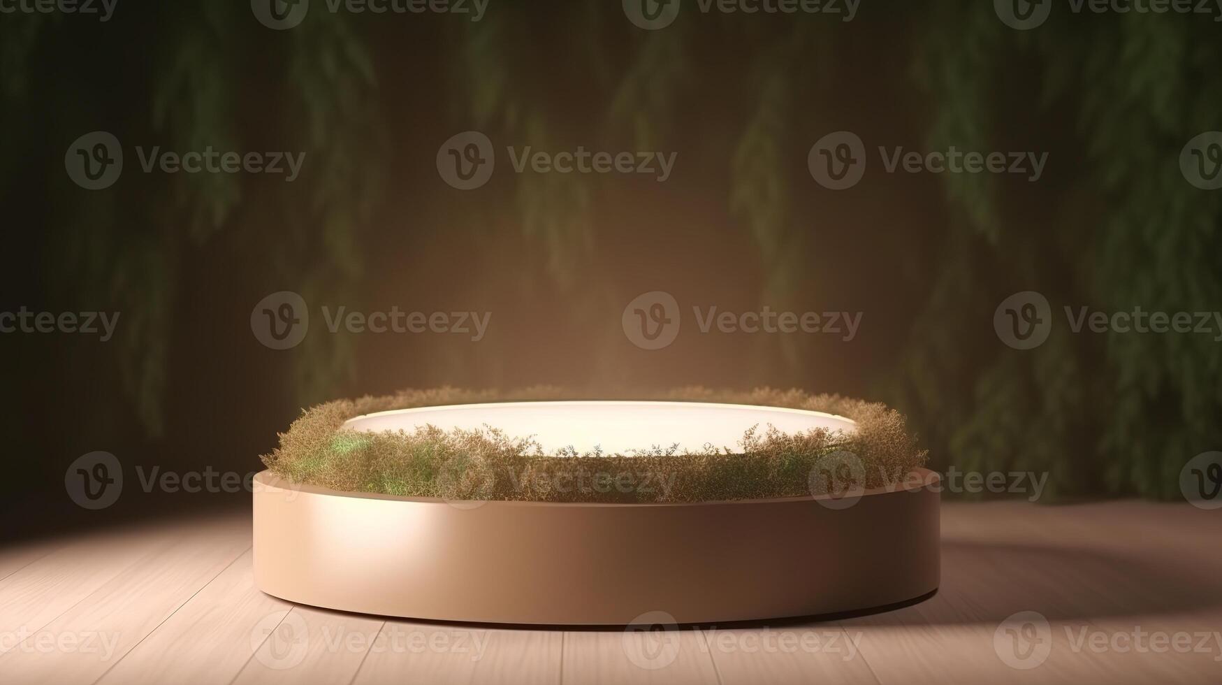 , product beige minimal scene with geometric podium platform and moss plants, mock up stand for cosmetic products. photo