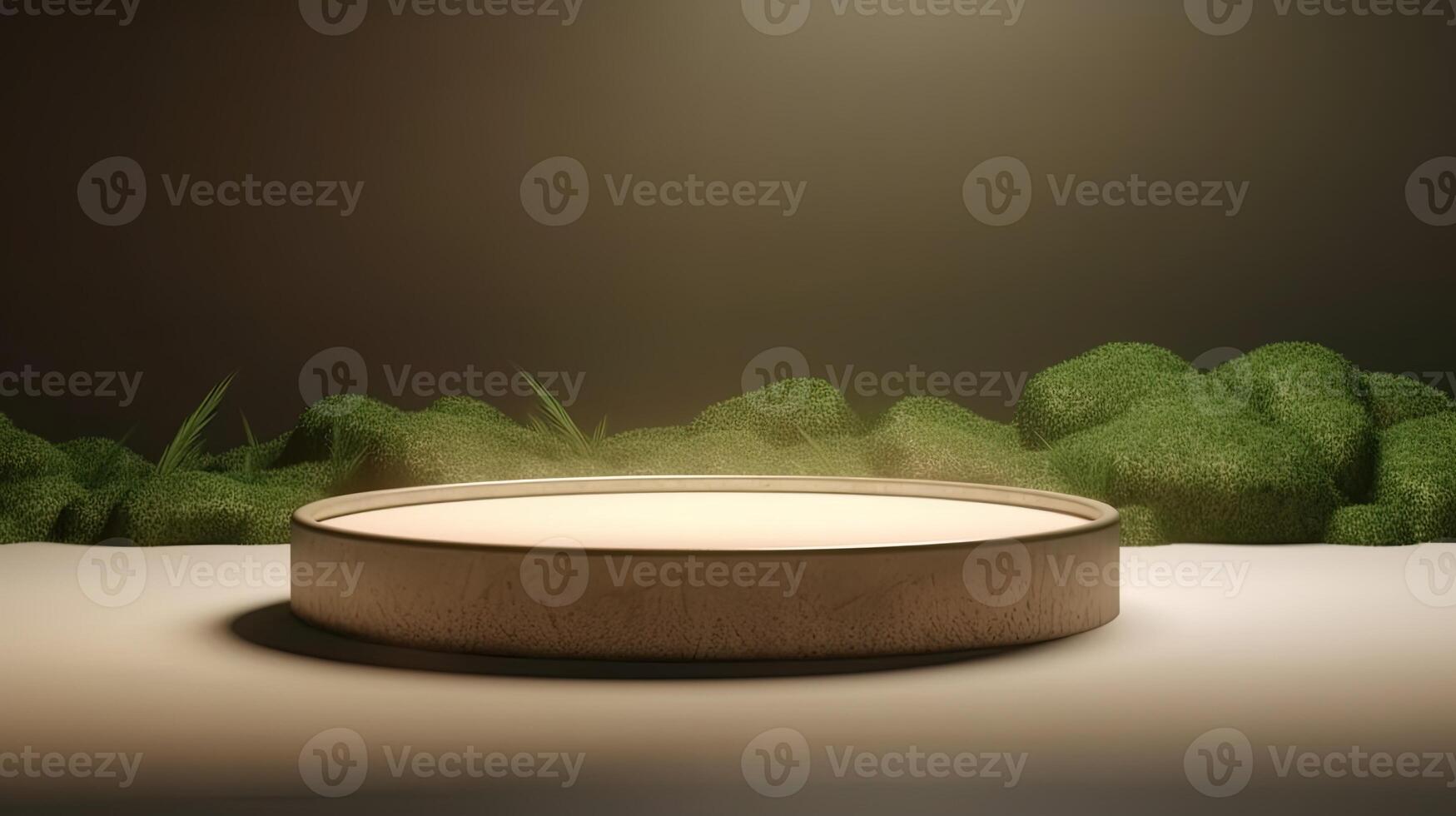 , product beige minimal scene with geometric podium platform and moss plants, mock up stand for cosmetic products. photo